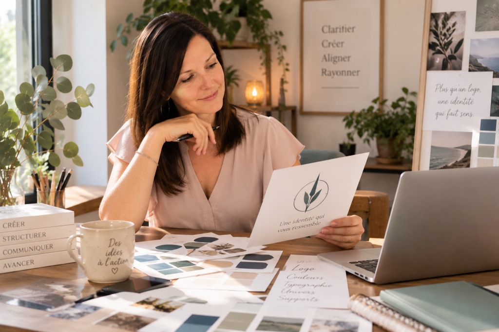 Praticienne travaillant sur son identité visuelle à son bureau