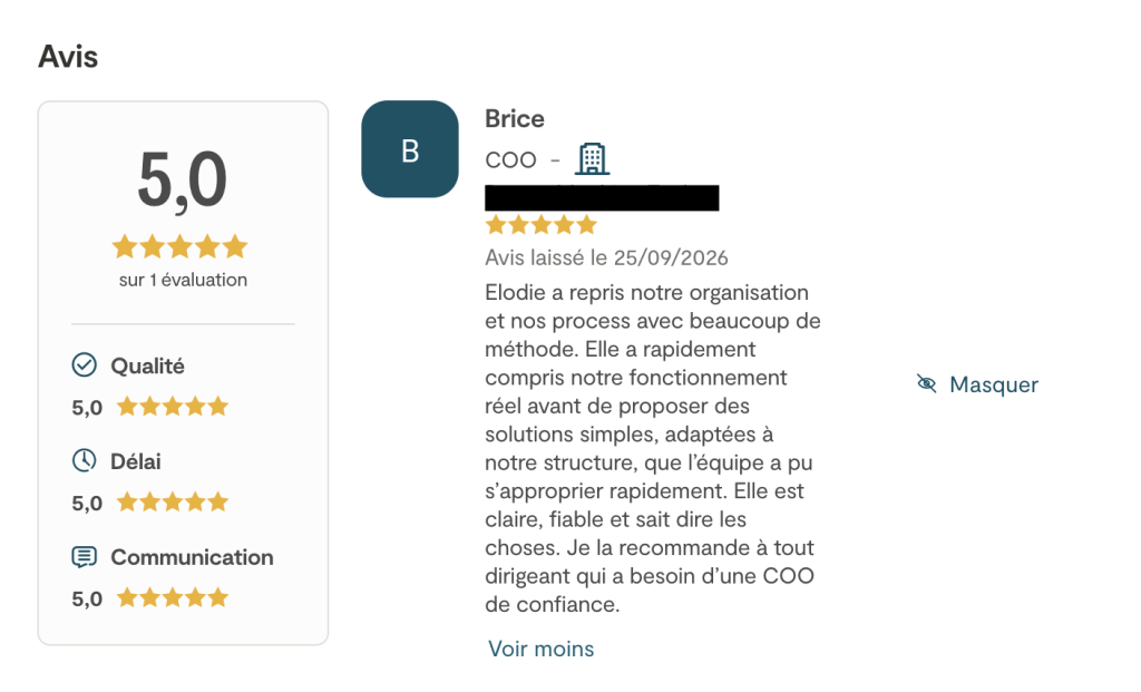Avis client publié sur Malt, note de 5 sur 5